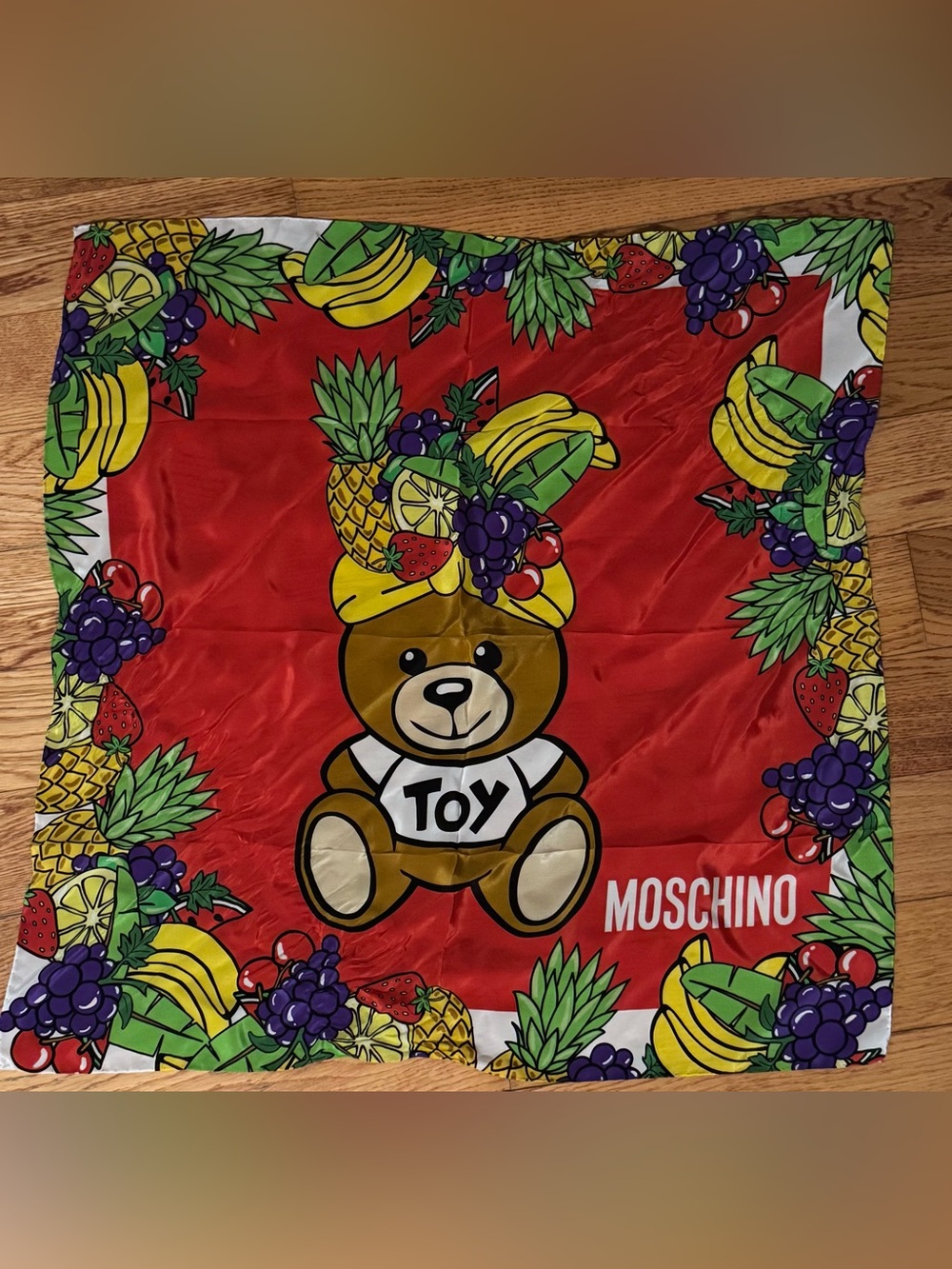 Moschino Red Teddy Bear Fruit Border Silk Scarf